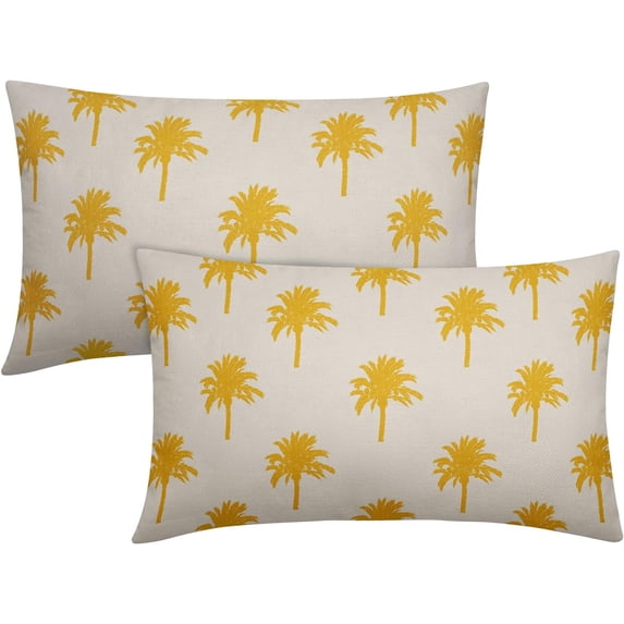 Yellow Palm Tree Lumbar Pillow Covers 12X20 InchTropical Coconut Trees Coastal Plants Decorative Pillow Cases Set of 2 Summer Retro Cotton Linen Throw Pillows Home Decor For Sofa Couch Porch Outdoor