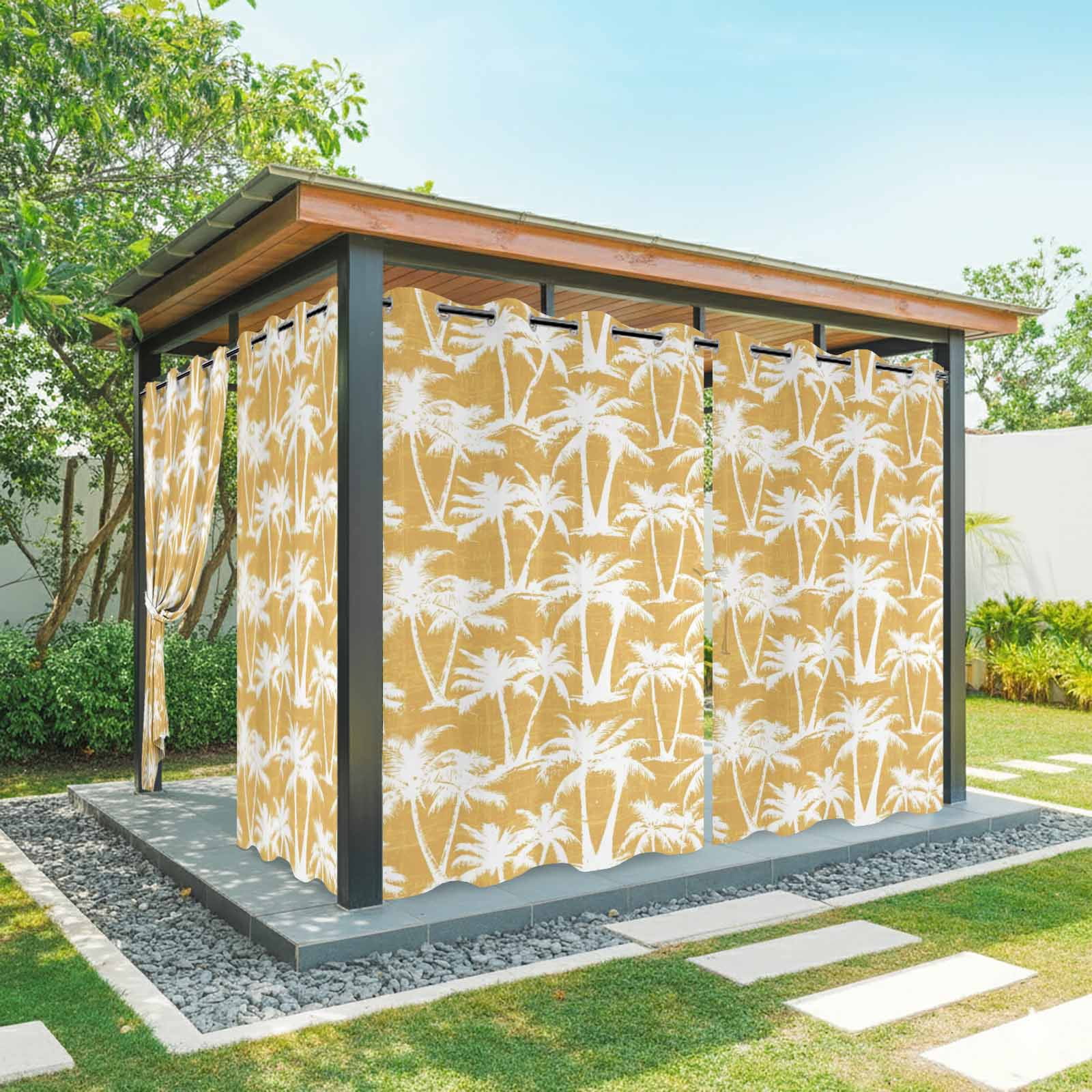 Yellow Palm Tree Outdoor Curtains for Patio, Summer Tropical Country Vintage Silver Tree Leaf Sunshade Privacy Drapes Grommet Waterproof Outside Curtains for Porch/Cabana/Balcony 54"x 108", 1 Panel