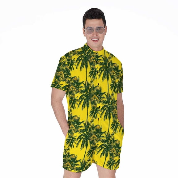 Yellow Palm Tree Pattern Short Sleeve Men'S Rompers, Tropical Floral Hawaiian Casual Summer Jumpsuits Outfit