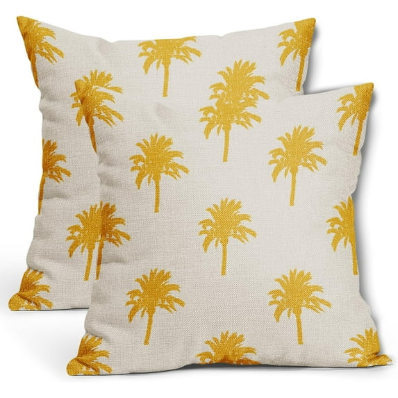 Yellow Palm Tree Pillow Covers 16X16 InchTropical Coconut Trees Coastal Plants Decorative Pillow Cases Set of 2 Summer Retro Cotton Linen Throw Pillows Home Decor For Sofa Couch Cushion Outdoor