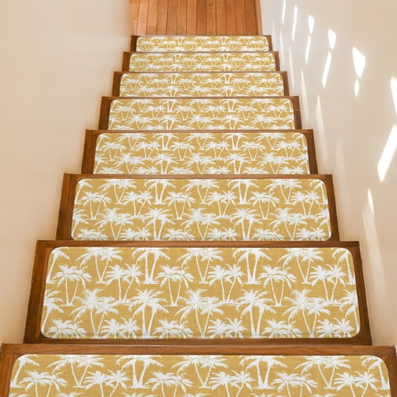 Yellow Palm Tree Stair Treads Non Slip for Steps Summer Tropical Country Vintage Silver Tree Leaf 7 Pcs Reusable Adhesive Stair Runner Mats for Dogs Elders Carpet Treads Rugs for Staircase 8x30 In