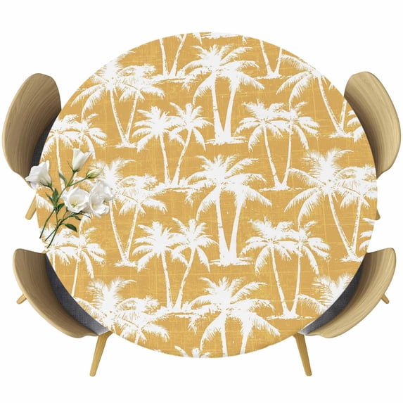 Yellow Palm Tree Summer Round Tablecloth 36-44 Inch Round Fitted Table Cloth with Elastic Edge, Beach Tropical Botanical Coastal Waterproof Table Cover Protector for Outdoor Picnic Party Dining