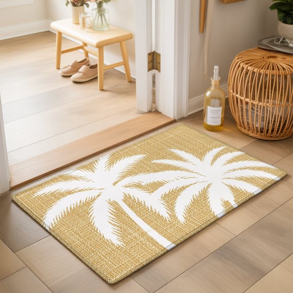 Yellow Palm Tree Washable Small Entryway Area Rugs 2'x3', Summer Tropical Beach Country Tree Leaf Linen Texture Washable Throw Rug Non-Slip Sturdy Edge Binding Carpet for Front Door Floor Room Entry