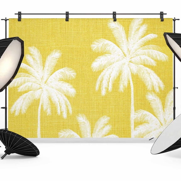 Yellow Palm Trees Backdrop for Photography, Summer Beach Tropical Farmhouse Linen Photo Backdrop Portrait Background Party Banner Photo Backgrounds for Studio Booth Props, 12x8ft