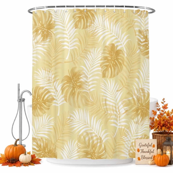 Yellow Palm Trees Tropical Shower Curtain Set - 48" x 72" Washable Bathtub Curtain with 12 Hooks, Summer Beach Botanical Waterproof Fabric Stall Shower Curtains for Bathroom/Bathtub Décor