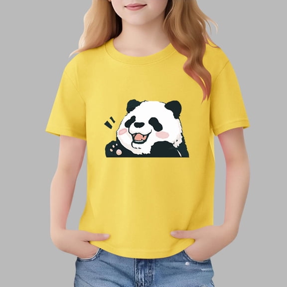 Yellow Panda T-Shirt for Girls, Kids' Cotton Short Sleeve Cartoon Graphic Tee, Casual Play Shirt for Kids Kids 2-13 Years,Size 2-3 T