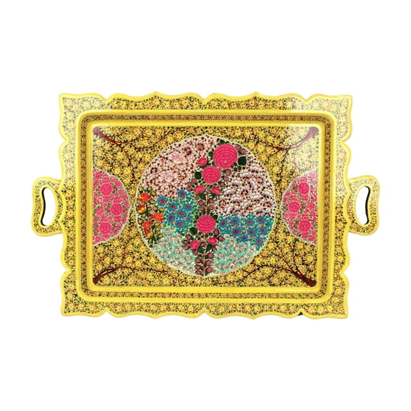 Natriel Premium Handpainted Sustainable Papier Mache Decorative Serving Tray, 21.2 x 17.7 inches, Traditional Floral Pattern, Handmade by Artisans (Yellow, Rectangular 20x13)