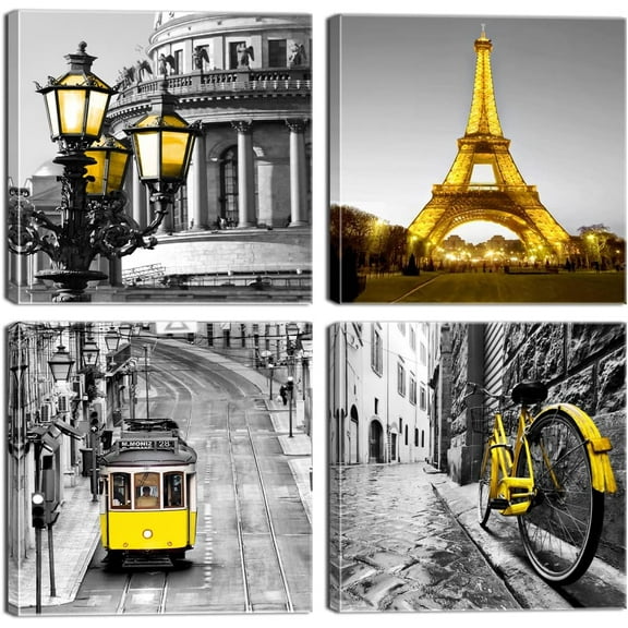 Yellow Paris Eiffel Tower Decor Black and White City Canvas Wall Art Modern Paris Pictures Artwork for Bedroom Living Room Bathroom Office Home Decor