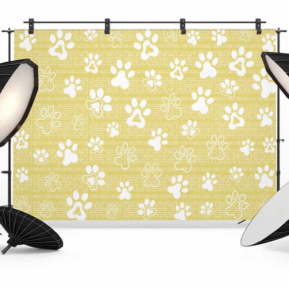Yellow Paw Print Backdrop for Photography, Modern Classic Yellow White Animal Large Paw Pattern Plaid Photo Backdrop Portrait Background Party Banner Photo Backgrounds for Studio Booth Props, 7x5ft