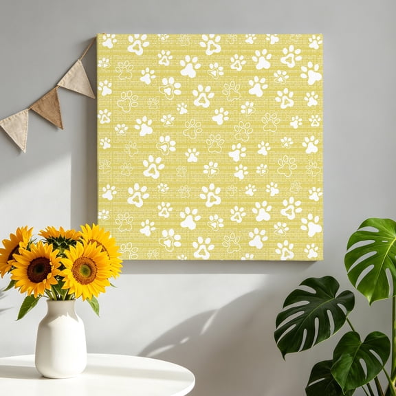 Yellow Paw Print Canvas Wall Art for Living Room, Modern Classic Yellow White Animal Large Paw Pattern Plaid Poster Print Painting for Bedroom Office Decoration Wall Pictures Prepare To Hang 8"x8"