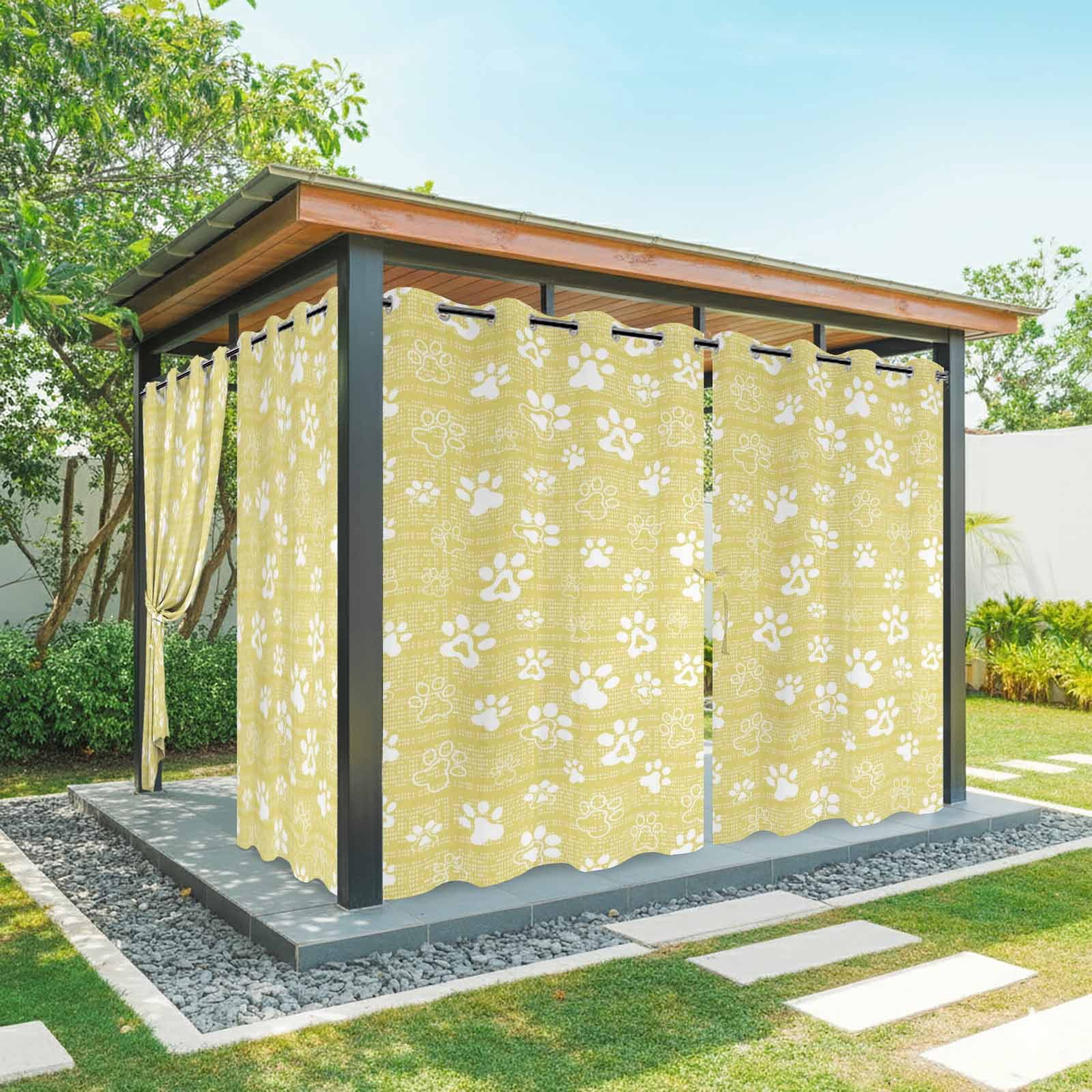 Yellow Paw Print Outdoor Curtains for Patio, Modern Classic Yellow White Animal Large Paw Pattern Plaid Sunshade Privacy Drapes Grommet Waterproof Outside Curtains for Porch Balcony 54"x108", 1 Panel