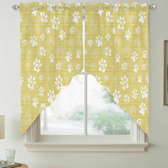 Yellow Paw Print Swag Kitchen Curtain Valances, Modern Classic Yellow White Animal Large Paw Pattern Plaid Rod Pocket Curtains Window Treatment Decor Valances for Bedroom, 2 Panels 36x36 Inch