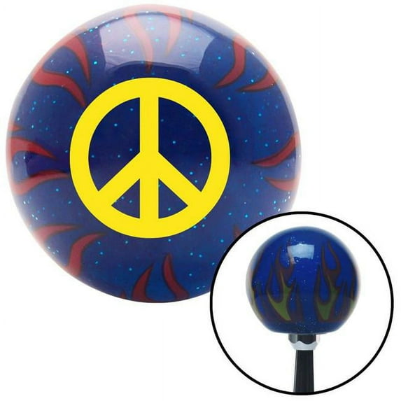 Yellow Peace Sign Blue Flame Metal Flake Shift Knob with M16 x 1.5 Insert Shifter Brody