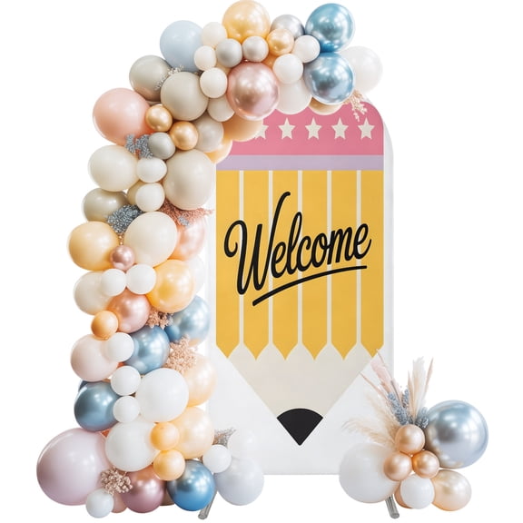 Yellow Pencil Arch Backdrop Cover 5 FT Welcome Back to School Academic Simple Stretchy Elastic Arch Stand Covers Spandex Arched Background Birthday Wedding Party Decoration (No Stand)