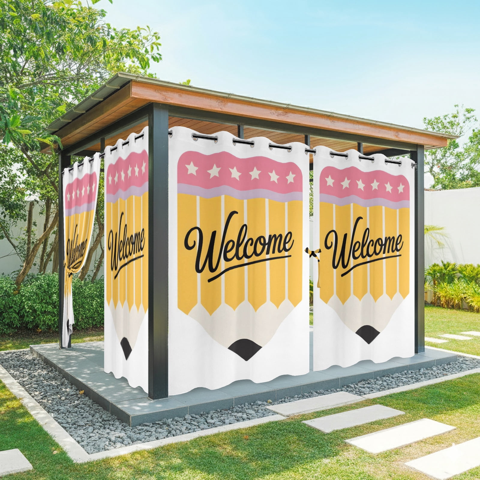Yellow Pencil Outdoor Curtains for Patio, Welcome Back to School Academic Simple Sunshade Privacy Drapes Grommet Waterproof Outside Curtains for Porch/Cabana/Balcony 54"x 108", 1 Panel