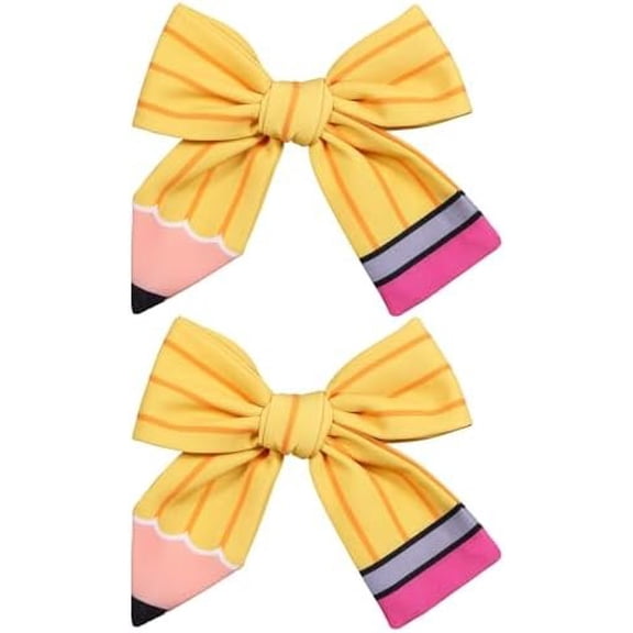 Yellow Pencil Ribbon Hair Bow 4" to School Bow Clips for Teen Girls Student Teacher of School Uniform Birthday Party Decor Accessories Set of 2