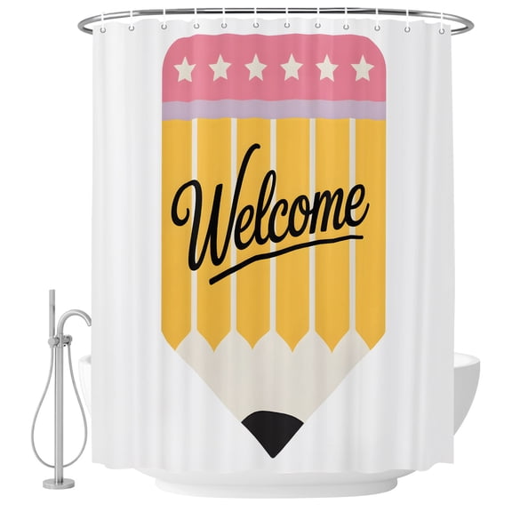 Yellow Pencil Shower Curtain for Bathroom, Welcome Back to School Academic Simple Waterproof Cloth Fabric Bathroom Accessories Set with 12 Rust Proof Plastic Hooks, 72"x78"