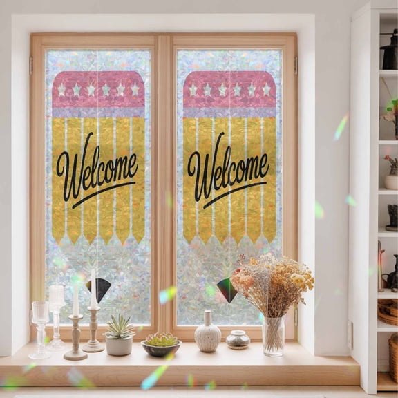Yellow Pencil Window Privacy Film Welcome Back to School Academic Simple Static Cling Stained Glass Window Film Non-Adhesive Decorative Decals Rainbow Sticker 23.6"X59"