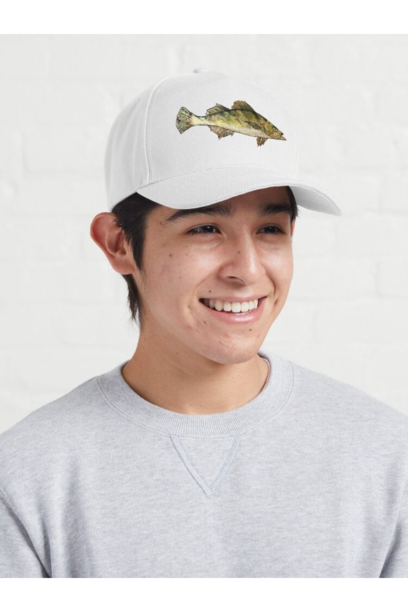 Yellow Perch Drawing Baseball Cap, Dark Green Fish Graphic Design, Classic Hat