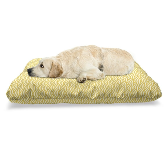 Yellow Pet Bed, Sea Ocean Inspired Abstract Vintage Style Waves Linear Ornament Style, Chew Resistant Pad for Dogs and Cats Cushion with Removable Cover, 24" x 39", Marigold White, by Ambesonne
