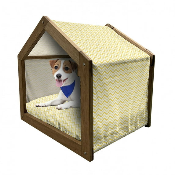 Yellow Pet House, Chevron Abstract Zig Zag Pattern Striped Cool Geometric 90s Style Retro Art, Outdoor & Indoor Portable Dog Kennel with Pillow and Cover, 5 Sizes, White and Yellow, by Ambesonne