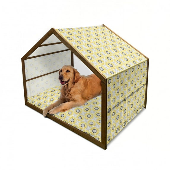 Yellow Pet House, Colorful Illustration of Sun Flower with Motifs and Patterns Summer Nature Artprint, Outdoor & Indoor Portable Dog Kennel with Pillow and Cover, 5 Sizes, Yellow Grey, by Ambesonne
