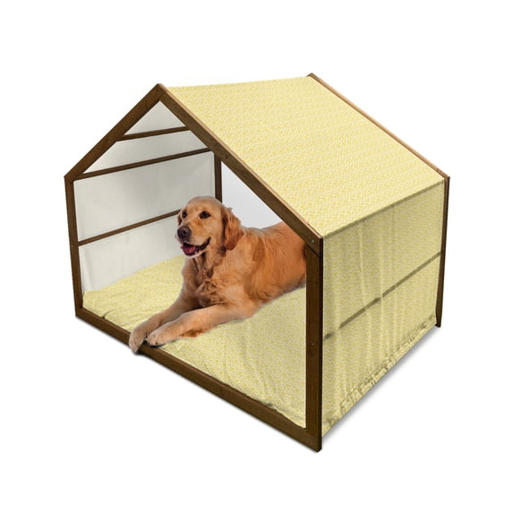 Yellow Pet House, Vintage Hand Drawn Style Art Nouveau Pattern Geometrical Retro Scales Japanese, Outdoor & Indoor Portable Dog Kennel with Pillow and Cover, 5 Sizes, Yellow White, by Ambesonne