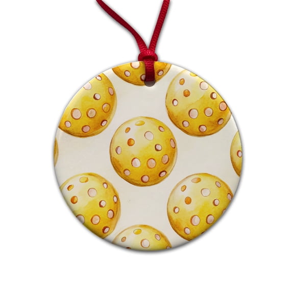 Yellow Pickleballs Christmas Tree Holiday Round Ceramic Ornament