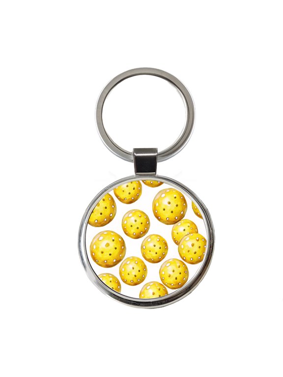 Yellow Pickleballs Watercolor Metal Round Keychain