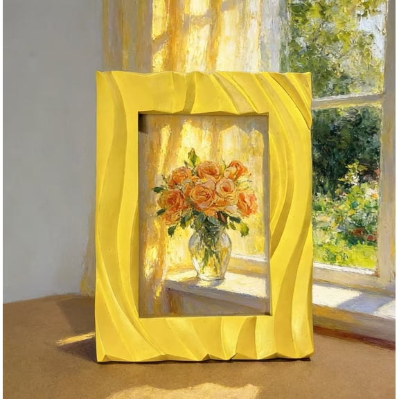 Yellow Picture Frame 4x6, Modern Minimalist Photo Frames Tabletop or Wall for Home Dcor Gifts, Hand Carved Wave Pattern Frame with 3D Textured Design