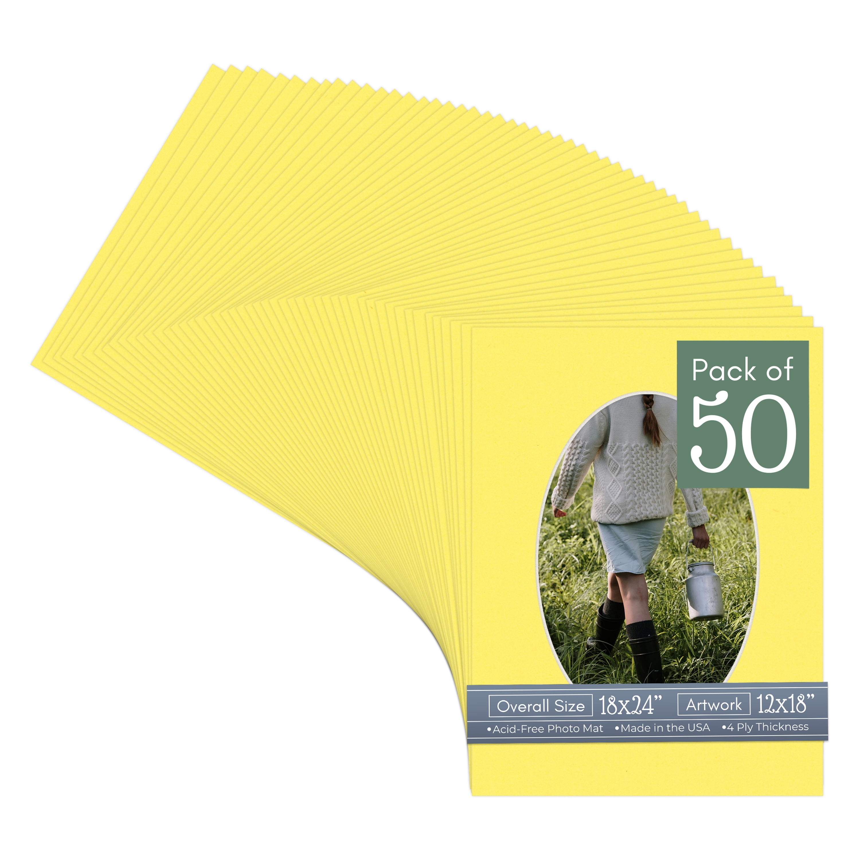 Yellow Picture Frame Mat for 18x24 Frames - Oval Opening for 12x18 Photos - 50 Mats