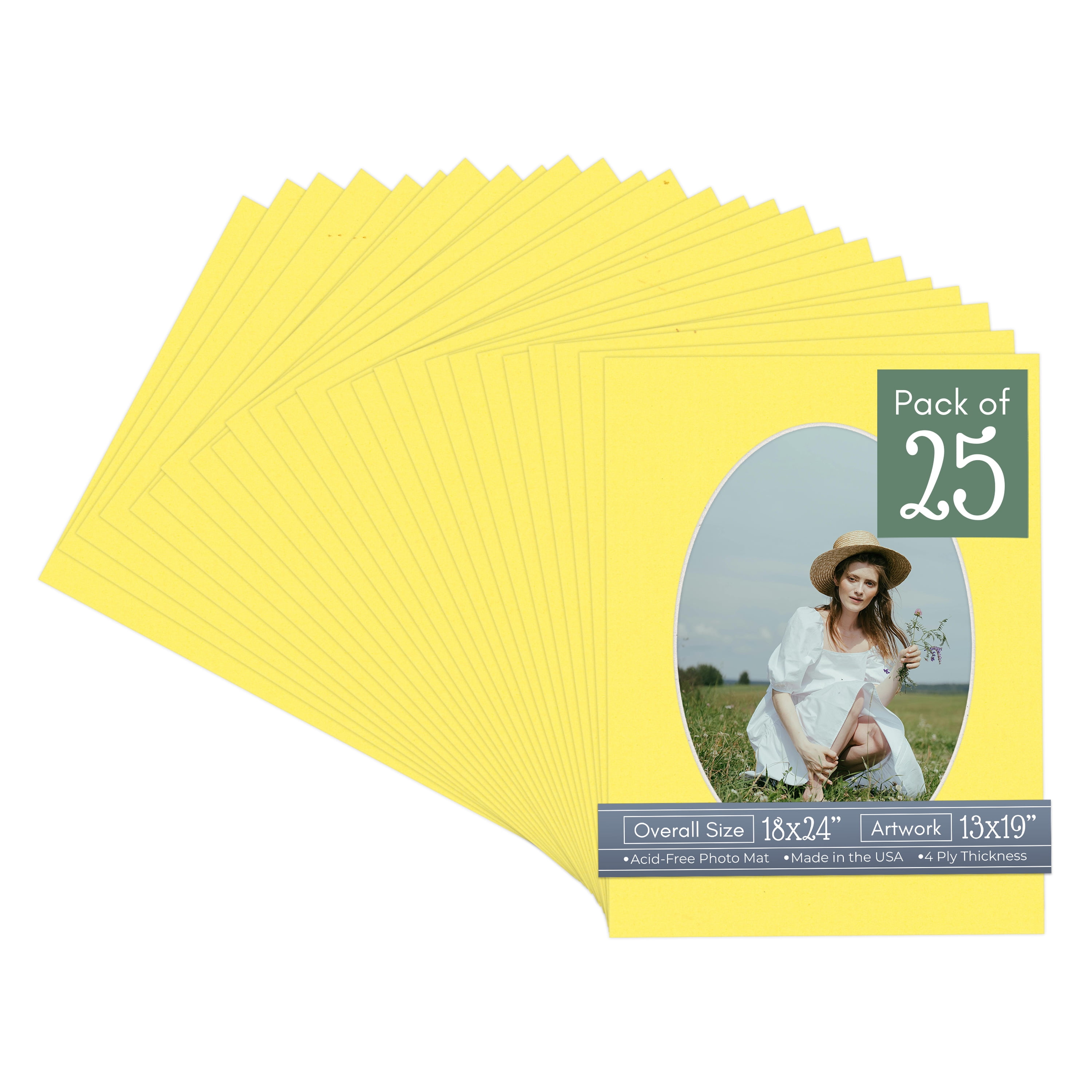 Yellow Picture Frame Mat for 18x24 Frames - Oval Opening for 13x19 Photos - 25 Mats
