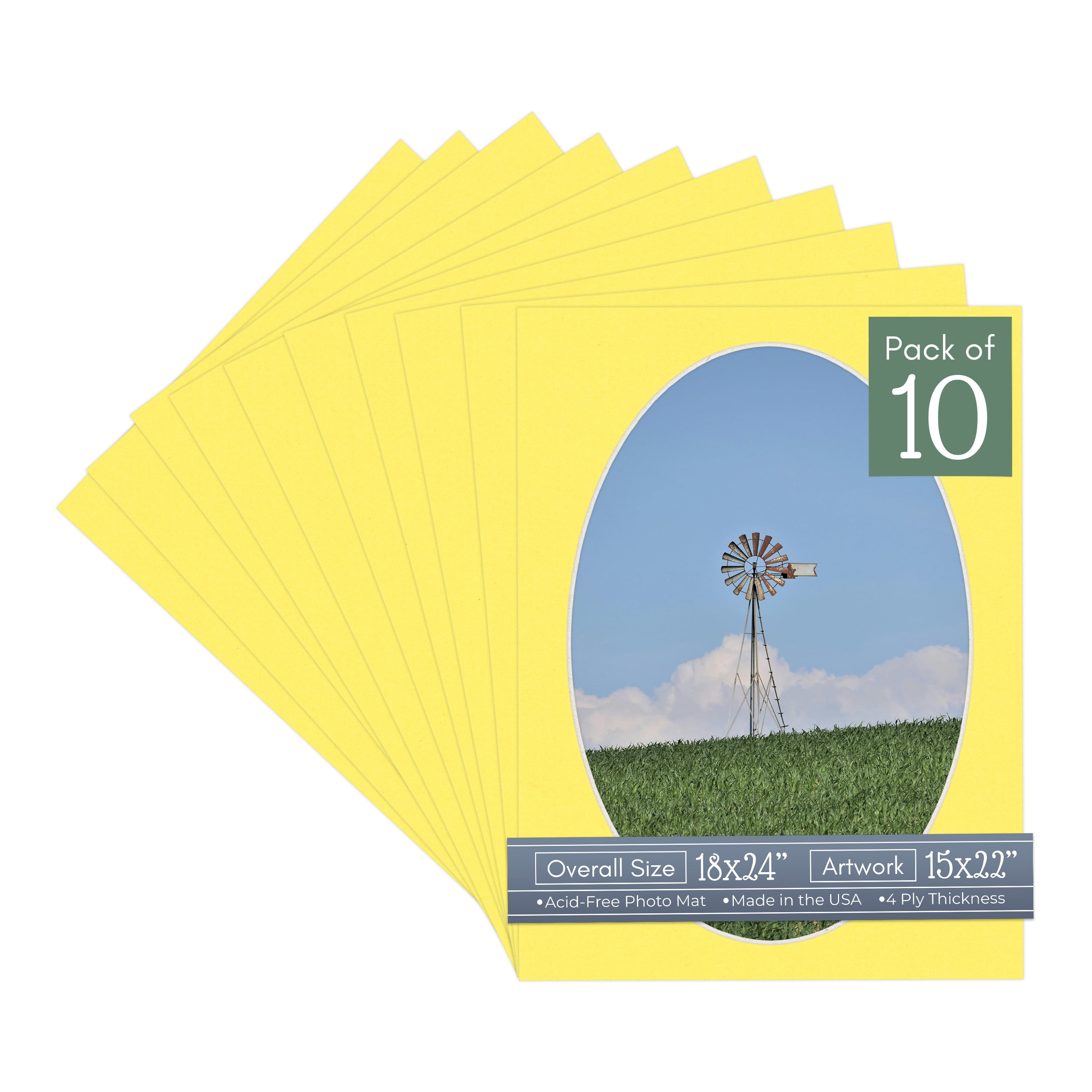 Yellow Picture Frame Mat for 18x24 Frames - Oval Opening for 15x22 Photos - 10 Mats