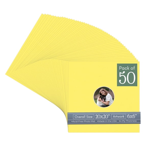 Yellow Picture Frame Mat for 20x20 Frames - Circle Opening for 6x6 Photos - 50 Mats