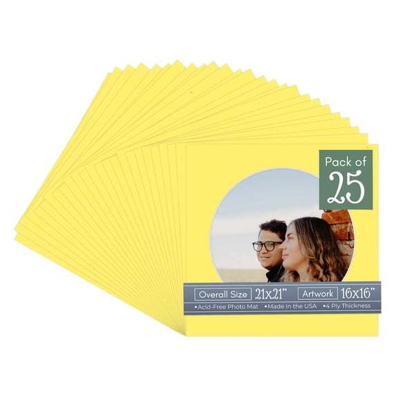 Yellow Picture Frame Mat for 21x21 Frames - Circle Opening for 16x16 Photos - 25 Mats