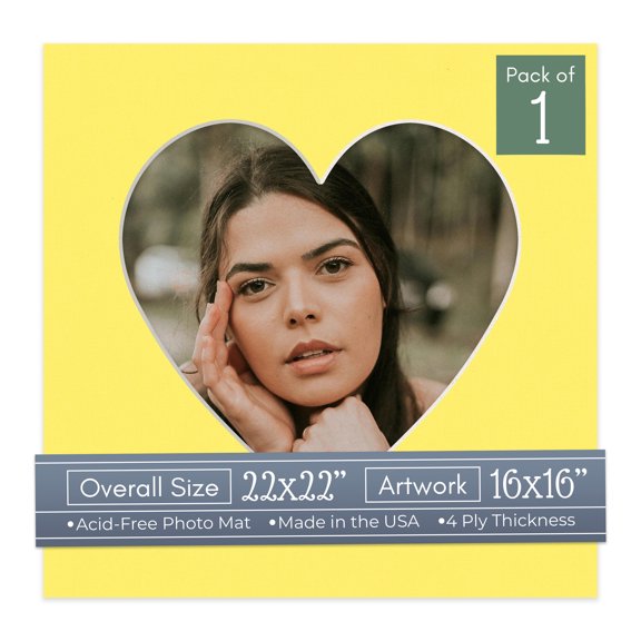 Yellow Picture Frame Mat for 22x22 Frames - Heart Opening for 16x16 Photos - 1 Mat