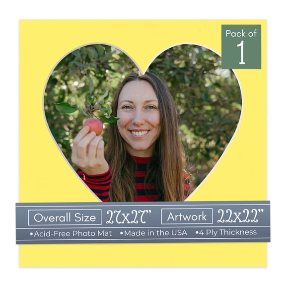 Yellow Picture Frame Mat for 27x27 Frames - Heart Opening for 22x22 Photos - 1 Mat