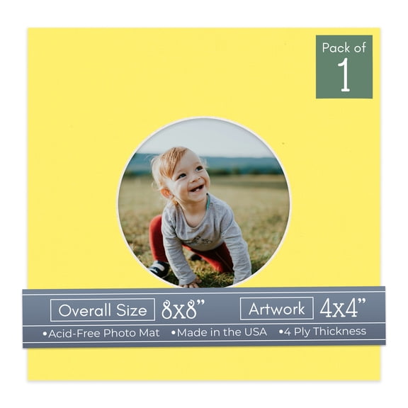 Yellow Picture Frame Mat for 8x8 Frames - Circle Opening for 4x4 Photos - 1 Mat