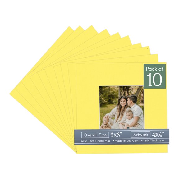 Yellow Picture Frame Mat for 8x8 Frames - Fits 4x4 Photos - 10 Mats