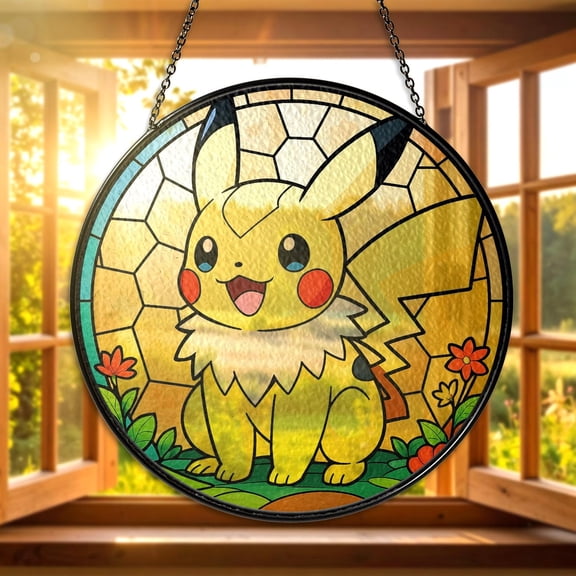 Yellow Pikachu Stained Glass Suncatcher, Pikachu Window Hanging Decor, Pikachu Anime Suncatcher Gift for Pikachu Lovers, Pikachu Collectors