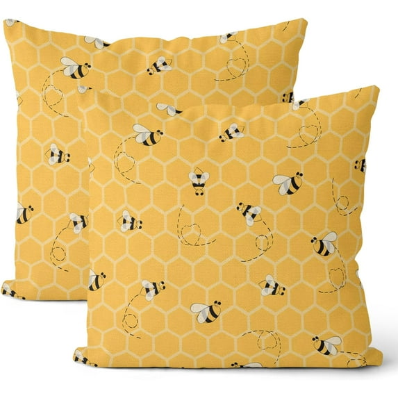 Yellow Pillow Covers 18x18 Set of 2, Summer Beehive Bee Farmhouse Decorations Throw Pillow Covers Honeybee Black Outdoor Decorative Linen Cushion Case for Couch Sofa Home