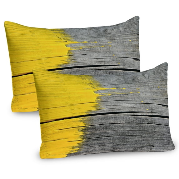 Yellow Pillow Sham Set of 2, Wooden Board Paint Splashes Brush Stroke Grunge Design Elements, Quality Microfiber Bedding Item for All Seasons, 26" x 20", Yellow Grey, by Ambesonne