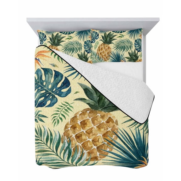 Yellow Pineapple 3 Piece Quilt Set Full Size, Summer Botanical Monstera Palm Leaf Yellow Background Soft Bedspread Coverlet Bedding Set Microfiber Comforter Set with 2 Pillowcases for Bedroom
