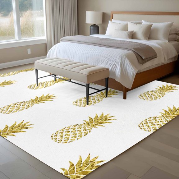 Yellow Pineapple 6x9 Rug for Dining Room Table and Chair Setup, Abstract Fruit White Background Modern Low Pile Washable Non Slip Rectangle Area Rug