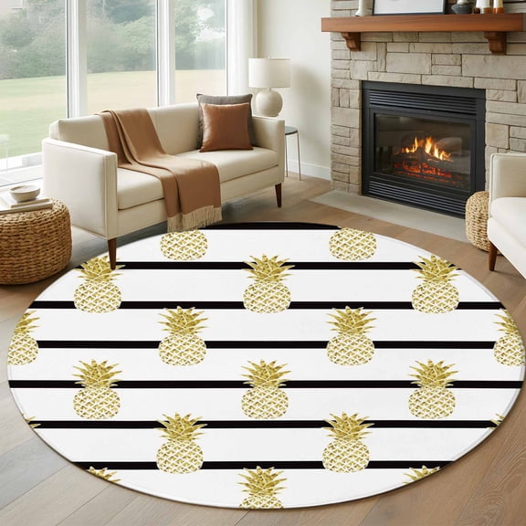 Yellow Pineapple 7ft Round Rug for Living Room Conversation Area, Abstract Fruit White Black Stripe Modern Washable Non Slip Large Circle Area Rug