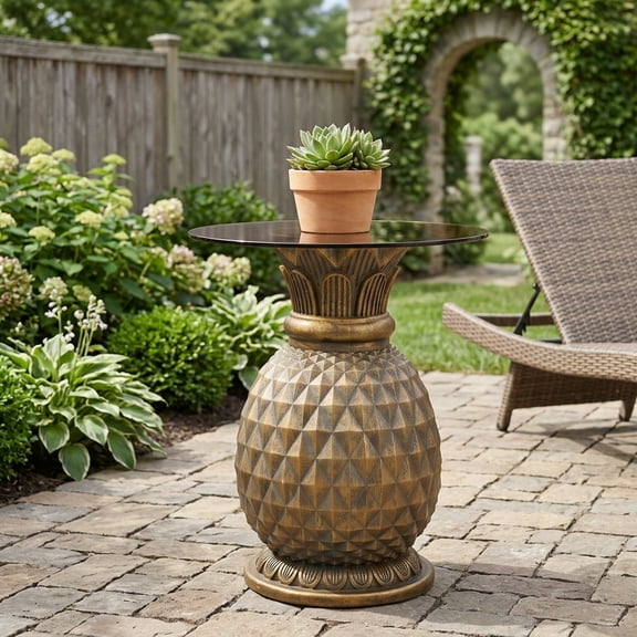 Yellow Pineapple Accent Side Table with Round Glass Top - Indoor/Outdoor Use