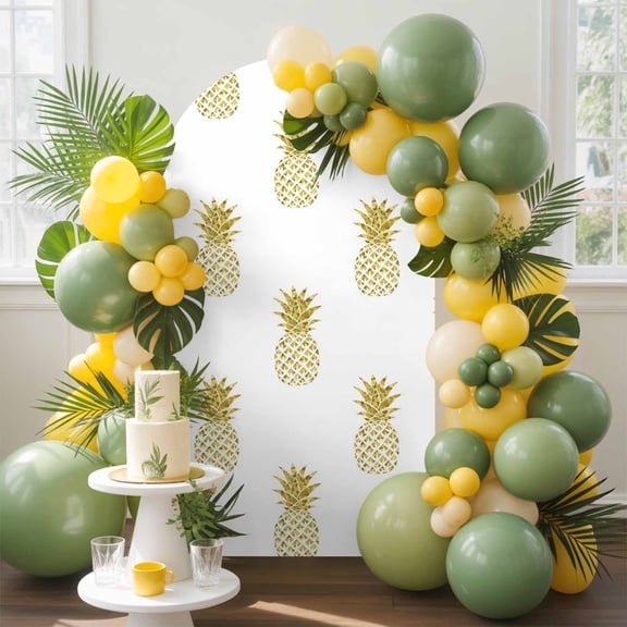 Yellow Pineapple Arch Backdrop Cover, 5FT, Abstract Fruit White Background Modern Spandex Arch Covers Double-Sided Backdrop for Wedding Birthday Party Photo Background Decoration