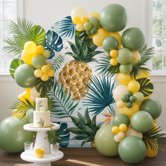 Yellow Pineapple Arch Backdrop Cover, 5FT, Green Monstera Leaves Vintage Tropical Botanical Summer Spandex Arch Covers Double-Sided Backdrop for Wedding Birthday Party Photo Background Decoration