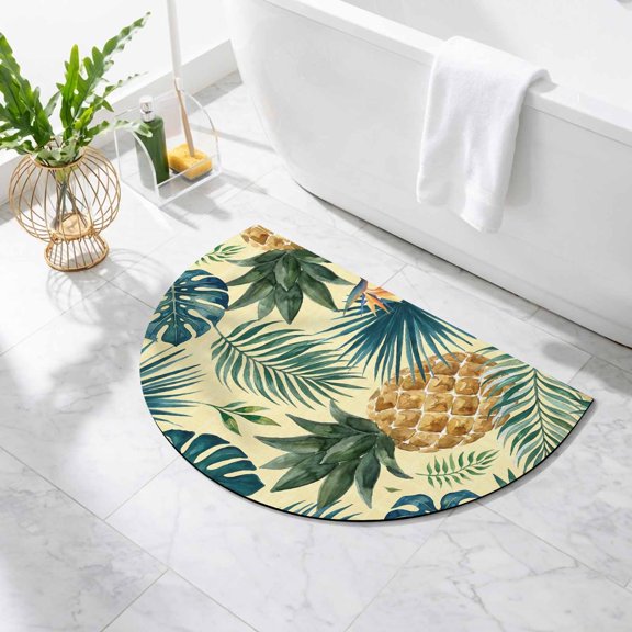 Yellow Pineapple Bathroom Rug Cute Half Circle Bath Mat Non-Slip Washable Semi Circle Bath Rug Summer Plam Leaves Botanical Tropical Floor Mat for Bathroom Kitchen Bedroom Shower Decor 16"x24"