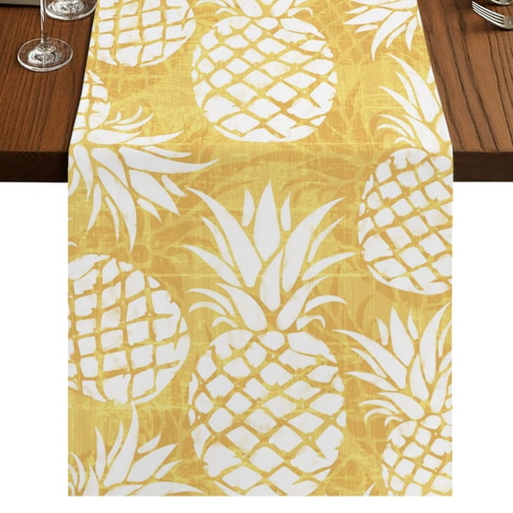 Yellow Pineapple Burlap Cotton Table Runner 13x108 Inches Long, Tropical Summer Botanical Fruits Farmhouse Table Runners, Outdoor Dining Tablecloths Decor for Baby Shower/Party/Wedding